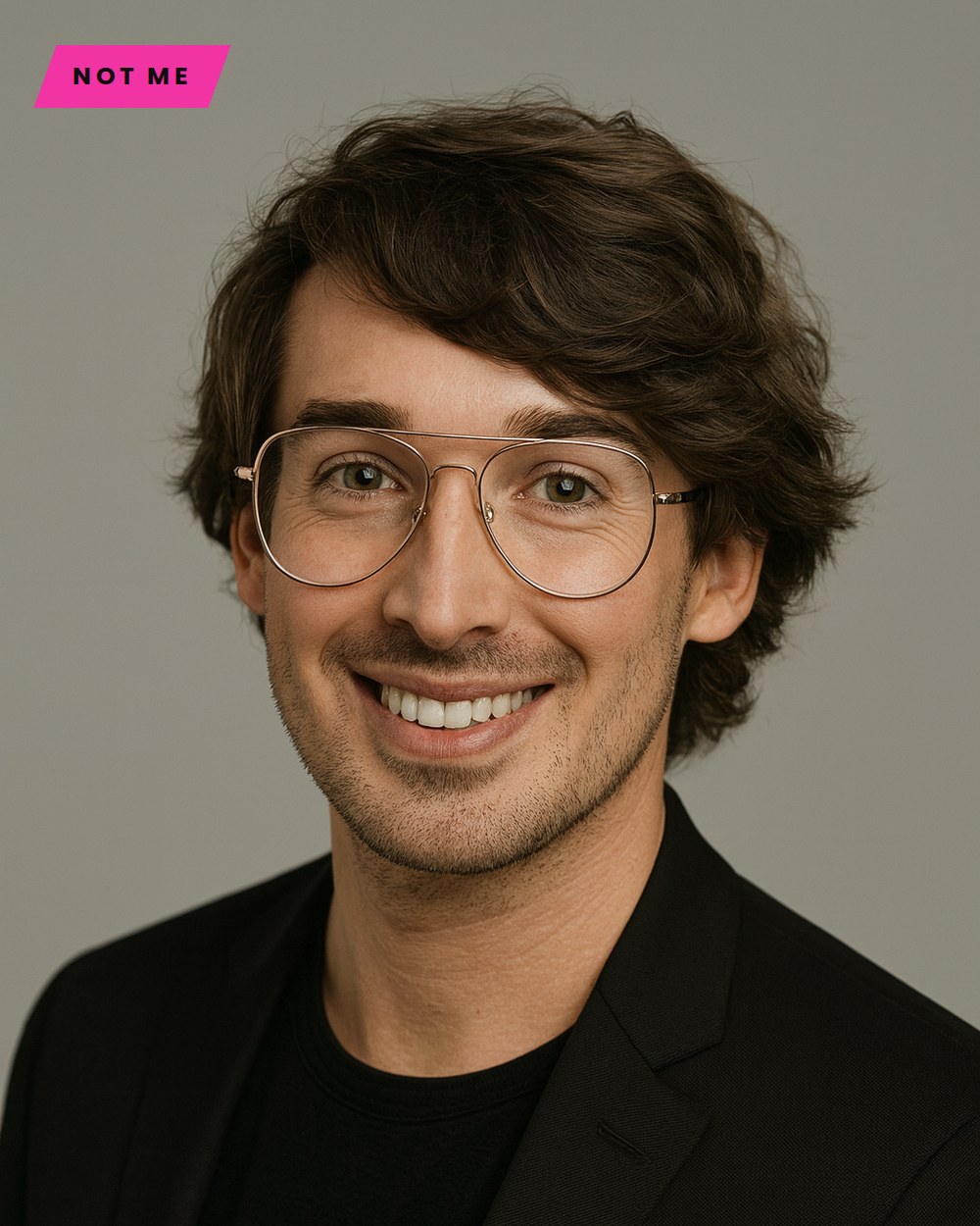An AI-generated headshot that does not resemble Matthieu Bryan, tagged "Not me"